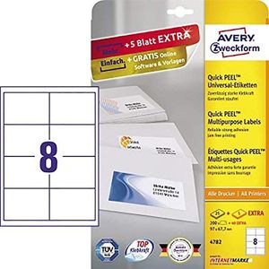 Avery Zweckform 4782 Universele Etiketten (200 Plus 40 Zelfklevende Etiketten Extra, 97 x 67,7 mm Op A4, Bedrukbare Verzendlabels, Zelfklevende Verzendstickers Met Ultragrip) 30 Vellen, Wit