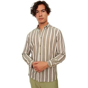 Trendyol Heren Khaki Heren Slim Fit Knop Kraag Gestreept Lange Mouwen Shirt, S