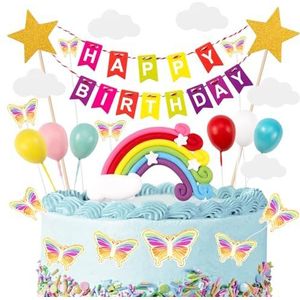 Taartdecoratie voor verjaardag, macaron taartdecoratie, Happy Birthday taartdecoratie, taartdecoratie, Happy Birthday, wolk, ster, vlinder, ballon voor kinderen, meisjes en jongens