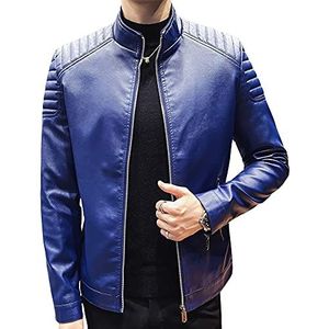 Womleys Heren Casual Stand Kraag Slim Fit Faux Lederen Jas Biker Motorfiets Jas, X-blauw, L