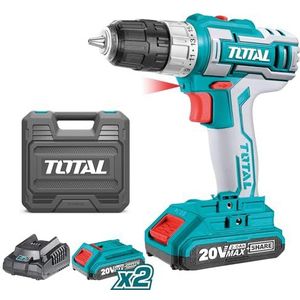 TOTAL Accuschroefboormachine P20S 20 V, automatische boorkop tot 10 mm, 15 slag- en één boorstand, 2 snelheden en ledlicht, met 2 accu's 2 Ah, oplader, koffer
