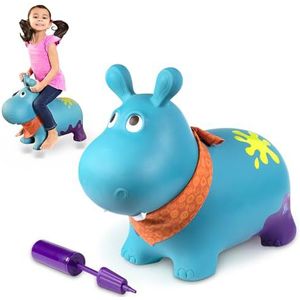 Battat BX1922C1Z,B. toys Hippo springdier met handpomp – 42 cm opblaasbare blauwe springbal in diervorm voor kinderen vanaf 18 maanden (3 delen),veelkleurig