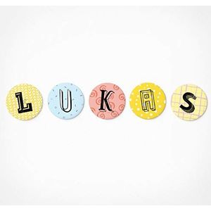 PICKMOTION Lukas Magneetletterset, 5 magneten, cadeaus met naam, voor magneetbord, decoratie, als koelkastmagneten, diameter 3,2 cm, voor kinderen vanaf 3 jaar, lettermagneten
