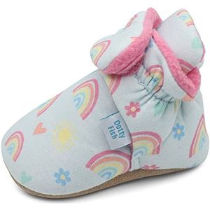 Dotty Fish Katoenen Babyschoentjes met Warme Wollen Voering. Eerste Winterschoenen. Verstelbare Pantoffels. Zachte Antislip Zool. Blauw met regenbogen en hartjes. 0-6 maanden.