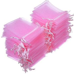 Mnixy 100 stuks organza cadeauzakjes met trekkoord voor bruiloftsfeesten, sieradenzakjes, roze