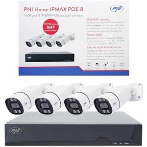 PNI House IPMAX POE-8 videobewakingsset met NVR en 4 IP-camera's, 8 MP resolutie, nachtzicht, bewegingsdetectie, IP66 waterdicht, compatibel met IP-technologie