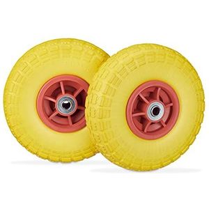 Relaxdays 2x steekwagenwiel 4.1/3.5-4'', anti lek banden, 16 mm as, tot 150kg, 260x85mm, rubber, geel-rood