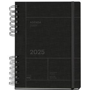 Miquelrius - Kalender 2025, jaarplanner, 155 x 213 mm, dagoverzicht, omslag van karton, duurzaam papier 100 g/m², sluiting, Spaans, Engels en Portugees, zwart