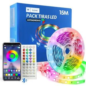 M Ledme - RGB LED-strip, 15 meter, met app, Bluetooth Musical, stickers, afstandsbediening en voeding, chip 5050, meerkleurig, dimbaar, LM2406