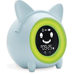 Metronic 477347 Educatieve kinderwekker met nachtlampje, dag/nachtweergave, digitale klok, temperatuurweergave, 5 alarmgeluiden voor ochtendwekkers, blauw