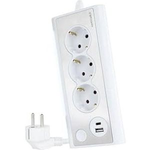 Wit tafelstopcontact met 3 stopcontacten en 2 USB-poorten, ideaal voor het opladen van apparaten en voor het aansluiten van meerdere elektrische apparaten.