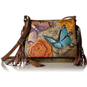 Anna by Anuschka Women's Genuine Leather Flap-Over Cross Body | Hand Painted Original Artwork | Floral Paradise Tan