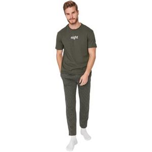 Trendyol Mannetje Met Slogan Dunne Geweven T-shirt-Broek Pyjama Set Khaki, kaki, S