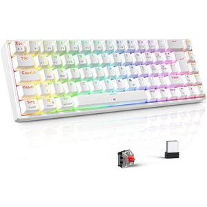 TECURS TKL Mechanisch Gaming Toetsenbord Duitsland Oplaadbaar Multi-Device + RGB Verlichting Verstelbaar Anti-Ghosting 68 Toetsen Bluetooth/2.4G/Type-C QWERTZ Schakelaar Rood voor Windows/Mac Wit