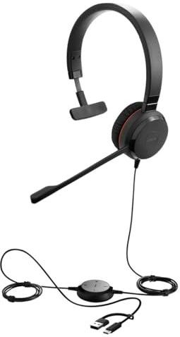 Jabra Evolve 30 II, Microsoft Teams gecertificeerde mono bedrade headset met oproepbesturingseenheid, ruisonderdrukkende microfoon, LED-indicatoren, uitstekende geluidskwaliteit - USB-C/A, zwart