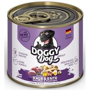 DOGGY Dog Paté kalf & eend, 6 x 200 g, nat voer voor honden, graanvrij hondenvoer met zalmolie en groenlipmossel, compleet voer met aardappelen en pastinaak, Made in Germany