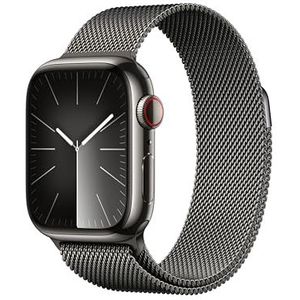 Apple Watch Series 9 (GPS + Cellular 41 mm) Smartwatch - Kast van grafietkleurig roestvrij staal - Grafietkleurig Milanees bandje. Conditie bijhouden, Saturatie-app en Ecg-app, waterbestendig