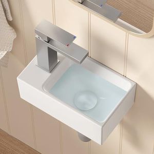 KES Badkamer Vessel Sink Keramische Hand Wastafel, Kleine Garderobe Basin Rechthoekige Wastafel Linker Hand Tap Gat, 30CM x 16CM Porselein Keramisch Wit, BWS100L