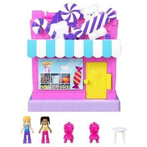 Polly Pocket Pollyville Snoepwinkel poppen en speelset, minispeelgoed met 2 kleine poppen en 3 accessoires, HNB03
