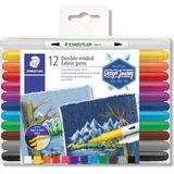 STAEDTLER 3190 TB12 Dubbelvezelstiften textiel (smalle en brede punt, voor het decoreren van stoffen, doorzichtig etui met 12 heldere kleuren) meerkleurig