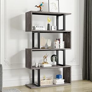 YITAHOME Boekenkast, rek met 5 niveaus, S-vormig, modern, vrijstaand multifunctioneel decoratief opbergrek, staand rek voor slaapkamer, woonkamer kantoor, zwart (grijs)