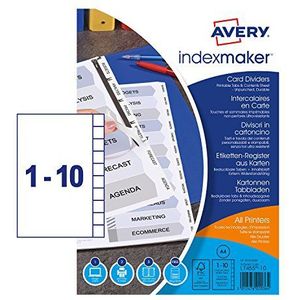 Avery 01816061 A4 IndexMaker Unpunched Dividers met Afdrukbare Tabs, 10 Deel Dividers - Wit