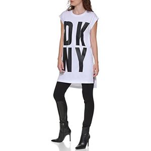 DKNY Dames Exploded Logo Cotton Blend Tunic T-shirt, wit/zwart., XS