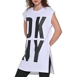 DKNY Dames Exploded Logo Cotton Blend Tunic T-Shirt, Wit/Zwart, M