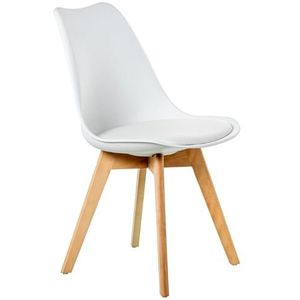 DRW Set van 4 stoelen van polypropyleen, hout en PU-kussens in wit en natuur, 46 x 53 x 80 cm
