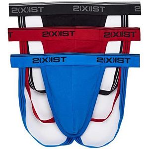 2(X) IST mens Cotton Stretch Jock Strap 3-pack thong underwear, Scotts Red/Black/Skydiver, Small US