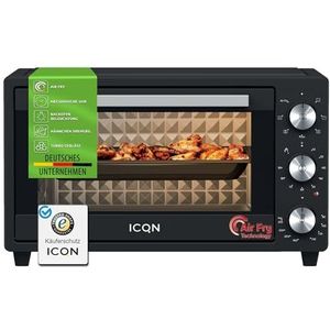 ICQN 20 liter minioven met airfry, heteluchtfriteuse oven, 5 grill-functies, 90 minuten timer, 1500 W, mini-oven, 80 °-250 °C, incl. frituurmand/bakplaat/grill/kruimelplaat