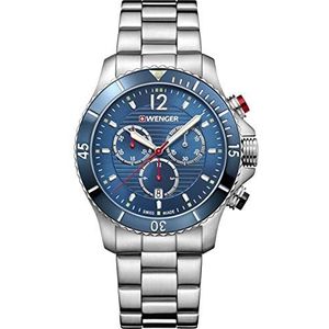 WENGER Unisex volwassen horloge chronograaf kwarts roestvrij staal 01.0643.111, zilver/blauw, armband