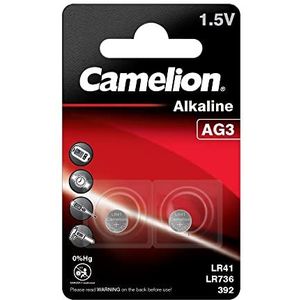 Camelion 12050203 - Alkaline knoopcelbatterij zonder kwik AG3/LR41/LR736/392 met 1,5 volt, set van 2, capaciteit 41 mAh