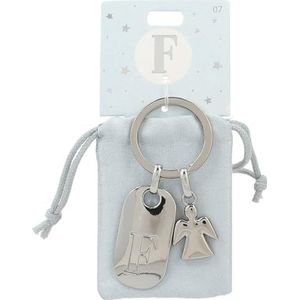 Depesche 11800-007 Zilveren sleutelhanger met letter F en beschermengel, zamak, incl. gekleurd fluwelen zakje
