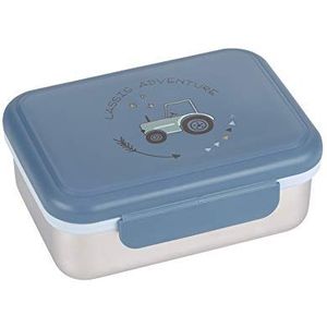 LÄSSIG 1210029496 Kinderbroodtrommel roestvrij staal lunchbox ontbijtbox duurzaam kleuterschool school/avonture, Tractor (blauw), 17 x 13 x 6 cm