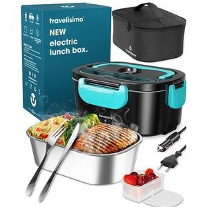 TRAVELISIMO Elektrische Lunchbox Voedselverwarmer 3 in 1 80W - Draagbare Voedselwarmer voor Auto, Truck, Thuis en Werk 12V+24V+220V - met 1,5L Verwijderbare Roestvrijstalen Voedselverwarmer Container