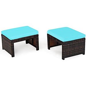 COSTWAY Set van 2 outdoor rotan krukken, rotan poef, voetenbank met zacht kussen, rattentafel met schuimstof met hoge dichtheid, tuinkruk, tuintafel voor terras, tuin, zwembad, turquoise