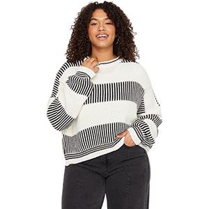 Trendyol Dames GESTREFT Lange Mouwen Ontspannen Sweater in Plus Size, zwart-ecru, 5XL