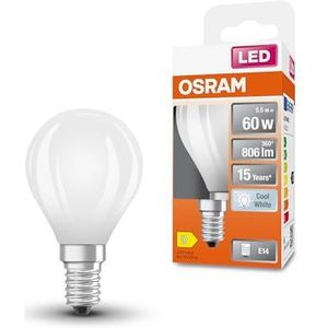 OSRAM LED Star Globe LED-lamp in klassieke minibolvorm, 5,5 W / 806 lm, 4000 K voor koud wit licht, CRI 80, gemaakt van mat loodvrij glas, E14 fitting, IP20, EEK D, 45 mm DM, 6-pack