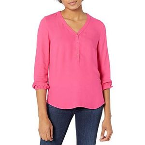 Amazon Essentials Women's Popover shirt met driekwartmouwen en knoopsluiting, Helderroze, XS