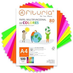 Kleurpapier, verpakking met 500 vellen A4, 80 g, kleurrijk papier voor knutselwerk, printer, scrapbooking, ideaal voor origami, Papyroflexia, kantoor en school (fluor-assortiment, 500 h)