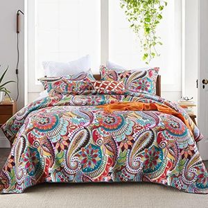 Qucover Boutis Sprei, 220 x 240 cm, elegante kleurrijke paisleybedsprei, zacht katoen, dekbedovertrek en 2-persoonsbeddenspreien met 2 kussenslopen van 50 x 70 cm, voor alle seizoenen