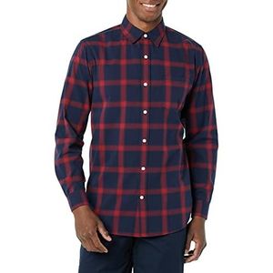 Amazon Essentials Slim-Fit Stretch Poplin overhemd met lange mouwen voor heren, marineblauw rood Buffalo Plaid, XS