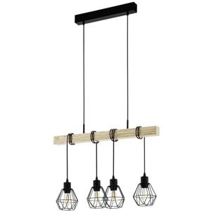 EGLO hanglamp Townshend 5, 4-lichts vintage pendellamp in industrieel ontwerp, retro plafondlamp hangend van staal en hout, kleur zwart, bruin, FSC gecertificeerd, E27