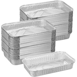 Relaxdays aluminium bakjes bbq, set van 100, BxD: 31 x 21 cm, rechthoekige barbecuebakjes, grote lekbakjes grill, zilver