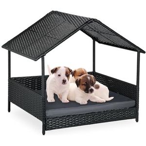 Relaxdays hondenbed met dak, HxBxD: 81 x 90 x 68 cm, kunststof, op poten, honden ligbed met kussen, buiten, antraciet