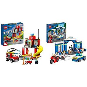 LEGO City Politie Achtervolging politiebureau, met Politieauto, Motor, 4 Poppetjes en een Honden Figuur, vanaf 4 Jaar, 60370 & LEGO City De Brandweerkazerne en de Brandweerwagen, vanaf 4 Jaar, 60375