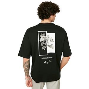 Trendyol Men's Black T-shirt voor heren, oversize, ronde kraag, print, korte mouwen, medium