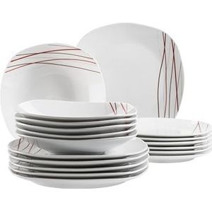 Mäser Sencilla, bordenset voor 4 personen met moderne lijndecoratie, 18-delig servies set met platte borden, diepe borden en dessertborden, porselein, wit