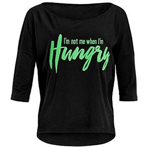 WINSHAPE Dames Dames Ultra Lichtgewicht Modal-3/4-arm Shirt Mcs001 met Neon Groen ""I Am Not Me When I Am Hungry"" Glitter Print Yoga Shirt